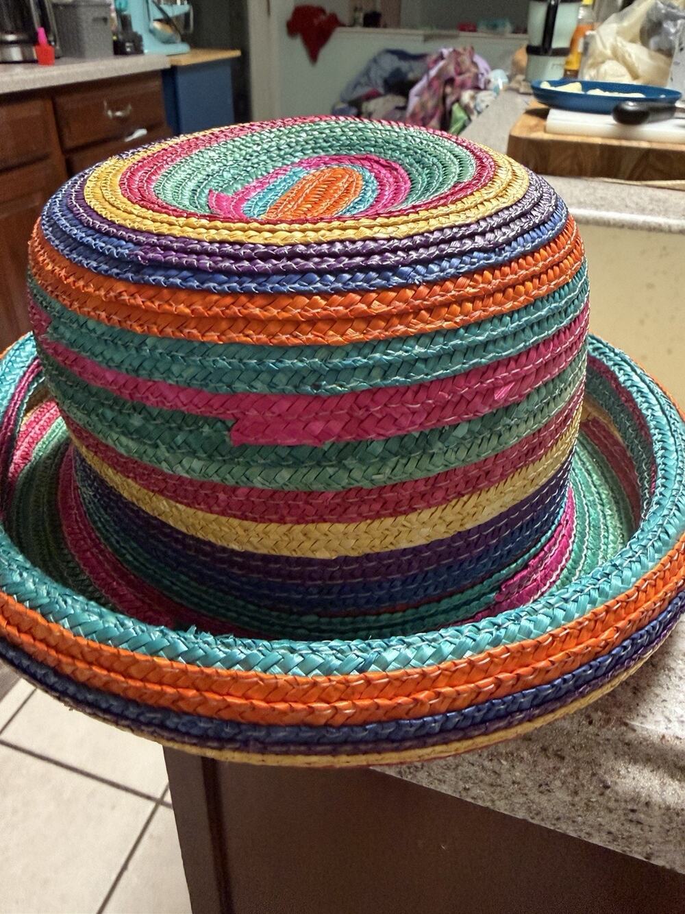 90s Y2k Vintage Multi-Colored Straw Hat - Vibrant Rainbow Colored Striped